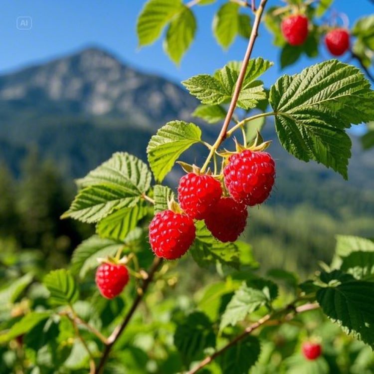 붉은 산딸기가 싱그럽게 열린 나뭇가지와 함께 건강한 느낌의 배경. 자연스러운 산속 환경에서 탐스럽게 익은 산딸기들이 햇살을 받아 윤기가 흐르는 모습. 주변에는 초록색 잎사귀와 함께 건강과 자연을 상징하는 따뜻한 톤의 이미지.