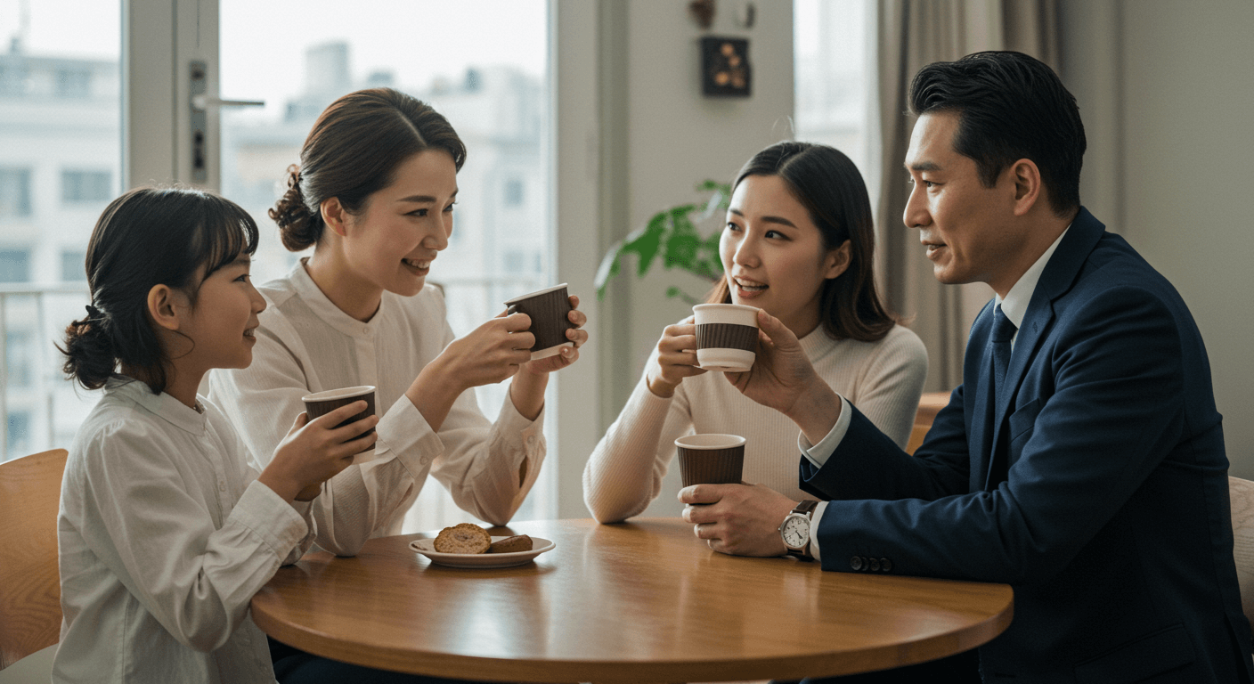 가족끼리 커피마시는 장면