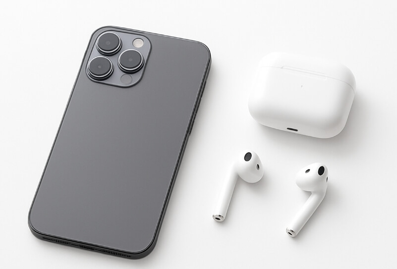 검은색 휴대폰 뒷모습과 흰색 무선 이어폰 한쌍