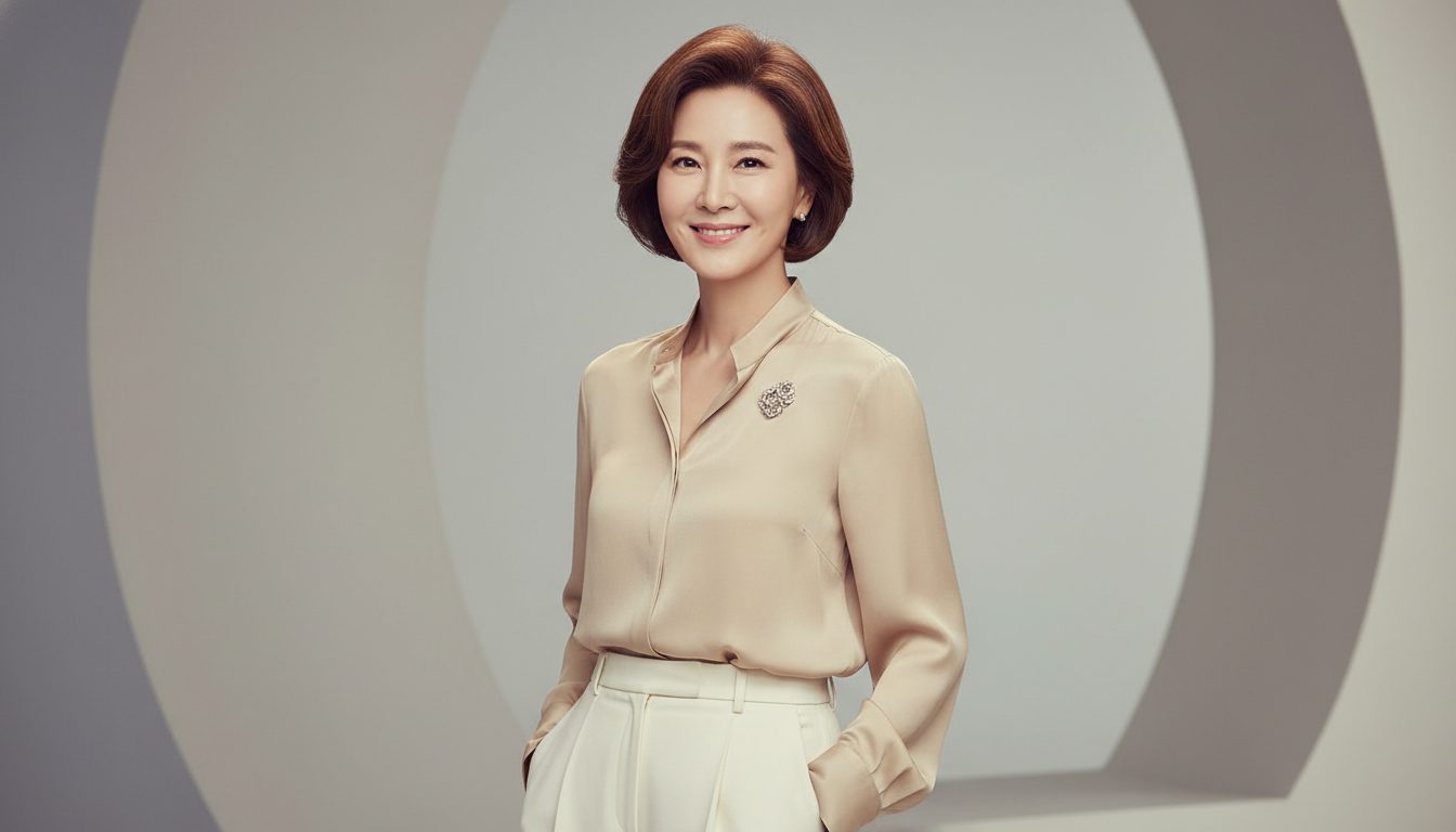 58세 배우 김희애의 우아하고 세련된 숏컷 단발 헤어스타일, 풍성한 볼륨펌이 돋보이는 모습.