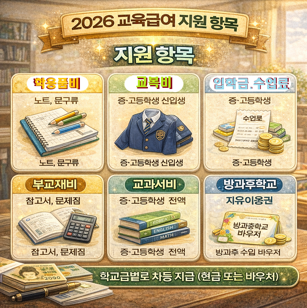 2026 교육급여 지원항목 완벽정리｜교복비&middot;학용품비&middot;입학금 한눈에 보기
