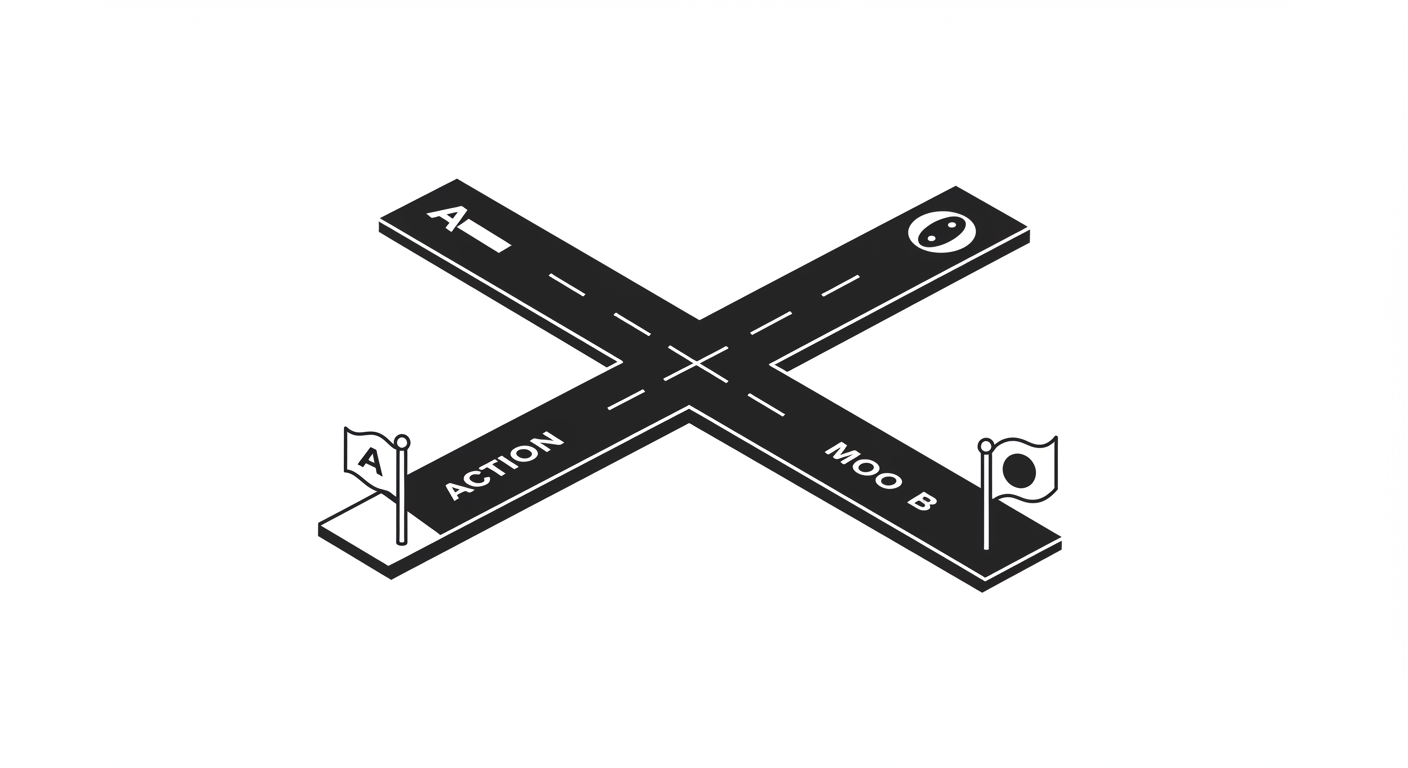 하나의 출발선에서 두 갈래 트랙으로 갈라져 즉시 행동과 기분 안정이라는 서로 다른 깃발을 향하는 상징 이미지