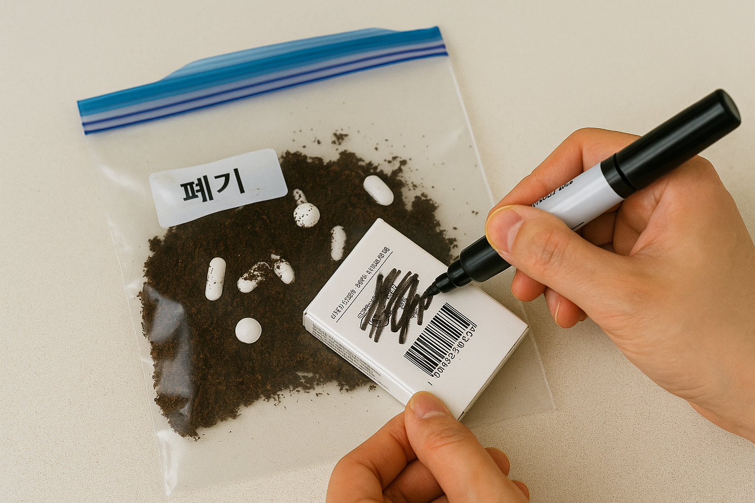 커피찌꺼기와 함께 지퍼백에 약을 넣고 포장 바코드를 검은펜으로 지우는 손