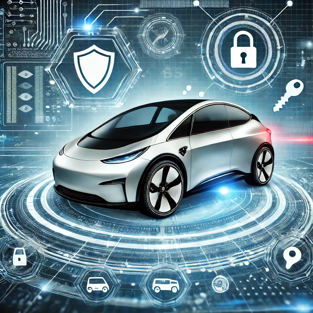 디지털 방패와 열쇠 같은 상징으로 둘러싸인 전기차를 보여주는 미래지향적인 이미지. 전기차의 고급 보안 및 보험 기능을 나타낸다.