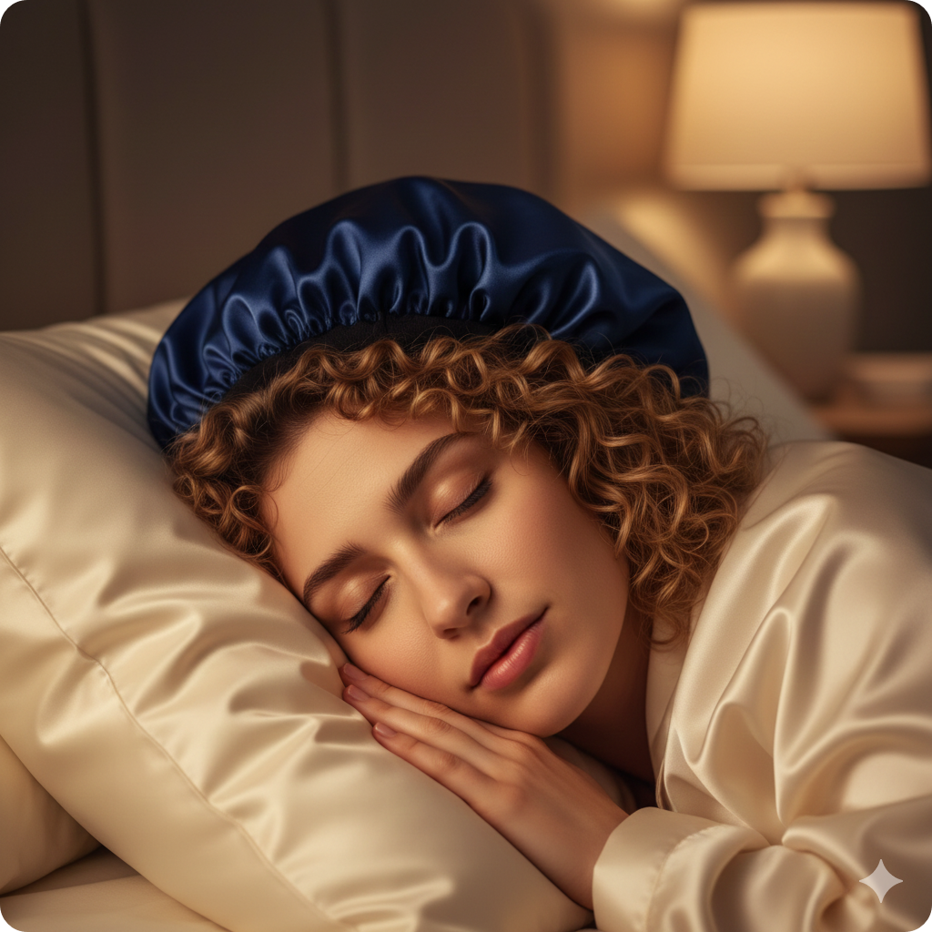 실크 헤어캡을 머리에 쓰고 잠든 곱슬머리 여인