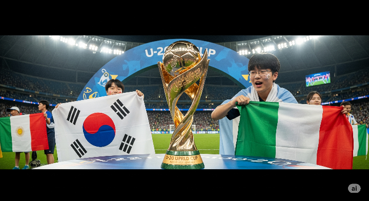 U-20 월드컵 트로피 이미지 또는 우승 후보로 점쳐지는 국가들의 국기 및 상징적인 이미지