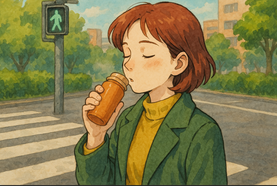 보온병에 든 차를 마시는 모습