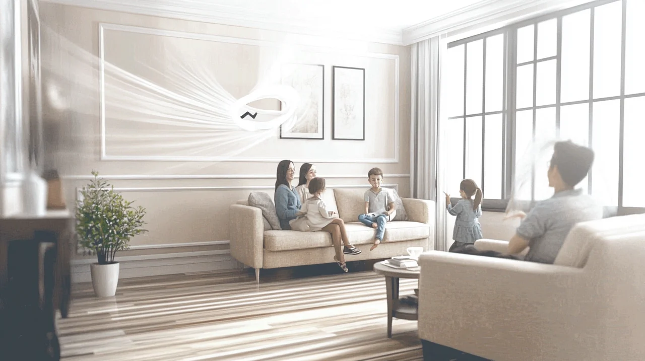 가족이 따뜻하고 안락한 거실에서 무풍 에어컨의 고르게 분산된 바람을 즐기고 있다. 이 에어컨은 조용하면서도 세련된 분위기를 제공하여 사용자의 편안함을 극대화한다.