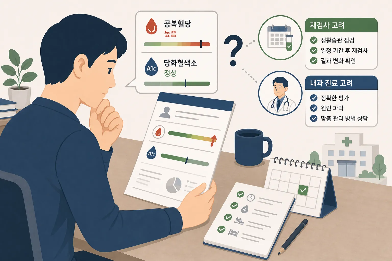 공복혈당은 높은데 당화혈색소는 정상인 건강검진 결과에서 생활습관 점검과 내과 진료 여부를 판단하도록 정리한 이미지