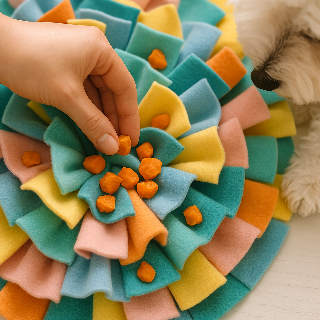 쫀득한 고구마 당근 트릿을 노즈워크에 숨기고 있는 집사의 손을 바라보며 냄새를 맡고 있는 강아지의 코가 보이는 모습