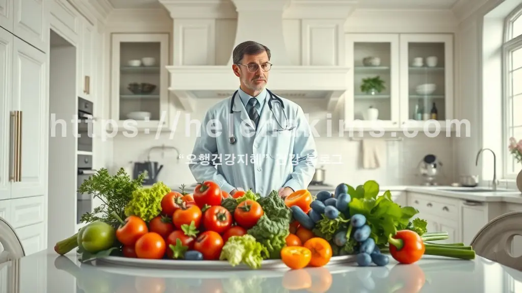 깨끗한 주방 배경으로 의사가 식탁 위에 놓여진 싱싱한 채소를 바라보고 있는 모습.