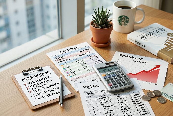 신용카드 명세서와 대출 상환표를 확인하며 부채를 관리하는 장면