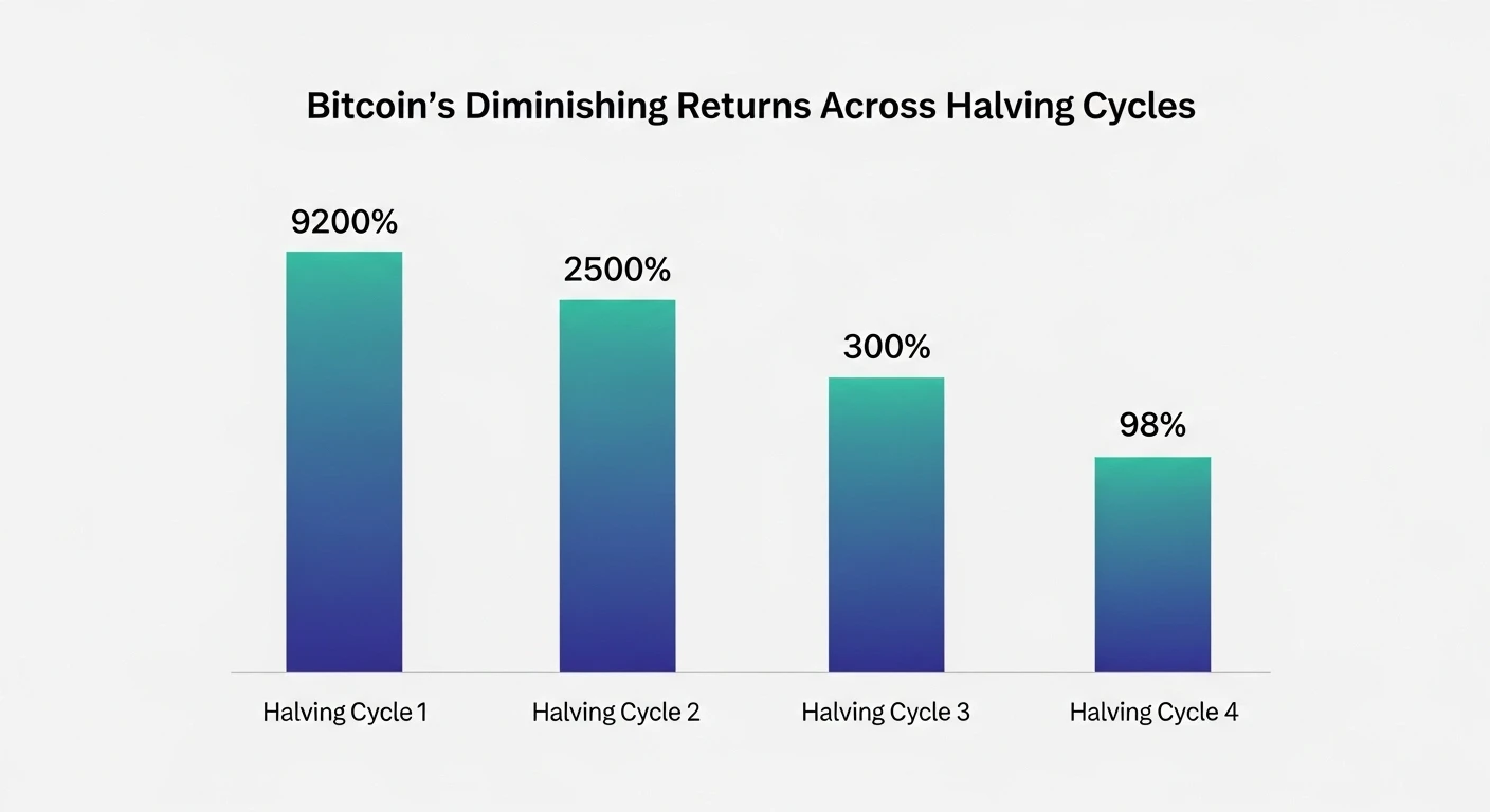 비트코인 1차부터 4차까지 반감기 사이클별 수익률 감소 추세 막대그래프