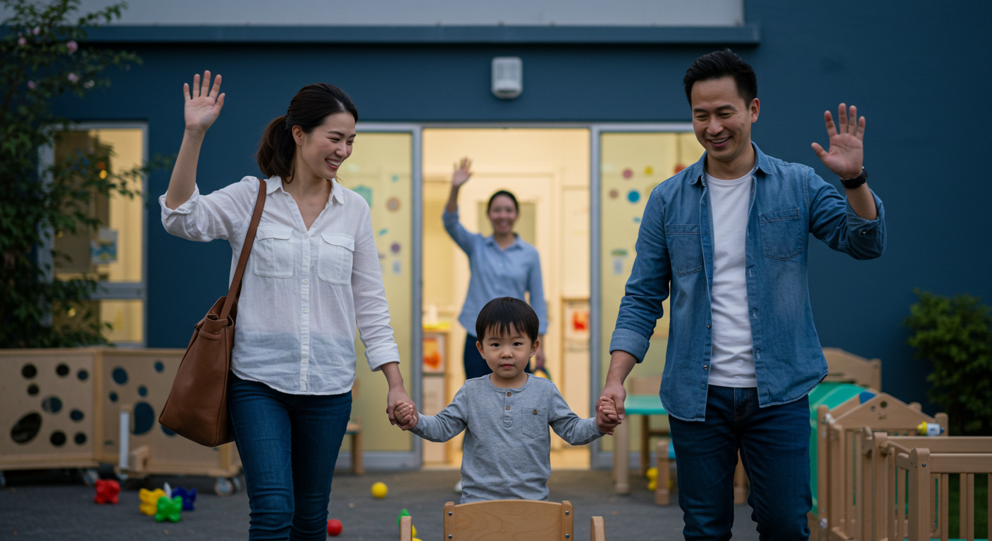 퇴근한 부모가 아이를 어린이집에서 데리러 오는 저녁, 미소 짓는 교사와 함께하는 따뜻한 장면