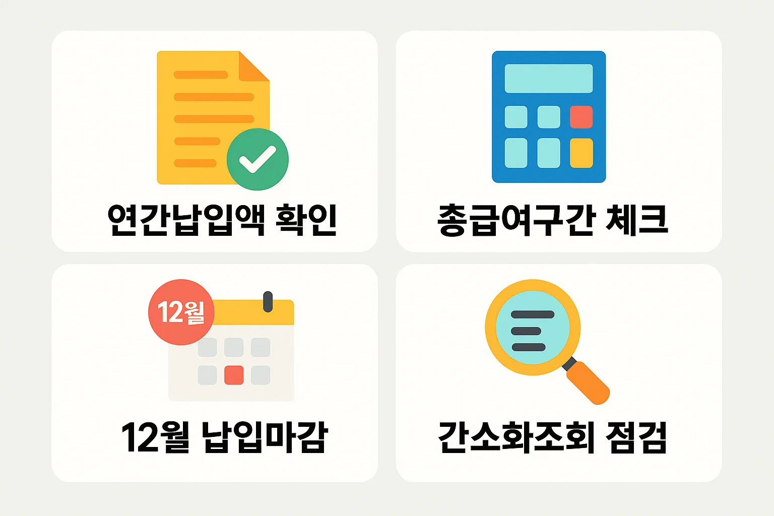 연간 납입액 확인, 총급여구간 체크, 12월 납입마감, 간소화조회 점검 등 연금저축 연말정산에서 환급 극대화를 위한 2025년 핵심 준비요소를 정리한 안내 이미지
