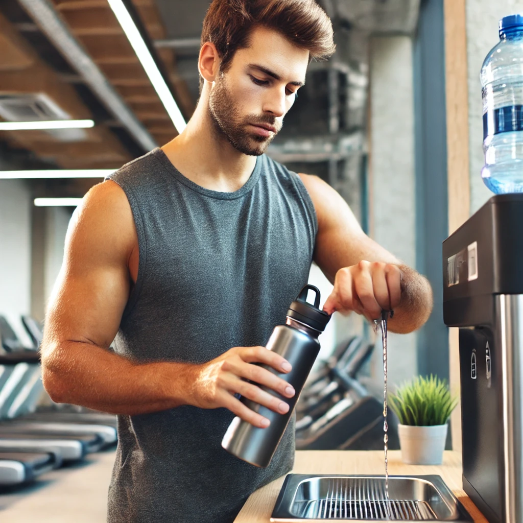 체육관의 물 공급 장치에서 재사용 가능한 물병을 채우는 남성의 모습. 운동 준비를 하며 수분 섭취의 중요성을 보여주는 현대적이고 활동적인 배경