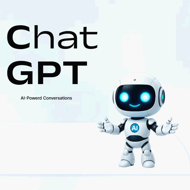 귀여운 인공지능 로봇 캐릭터와 ChatGPT 로고, AI 기반 대화 기술을 표현한 일러스트