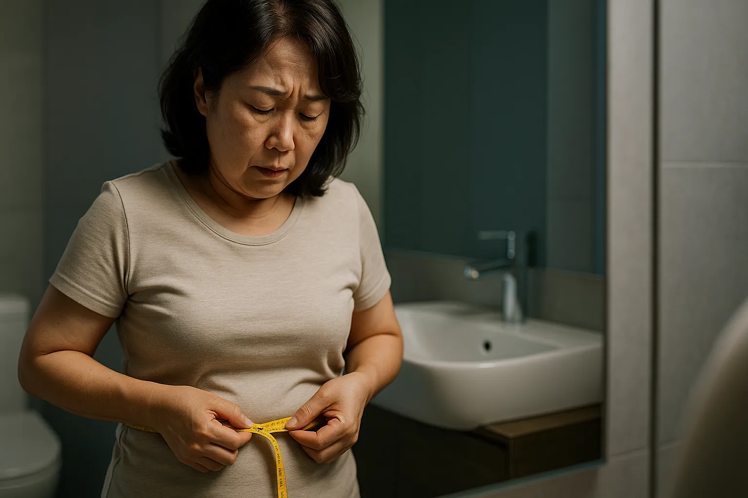 거울 앞에서 자신의 허리 둘레를 재며 건강을 고민하는 50대 중년 여성