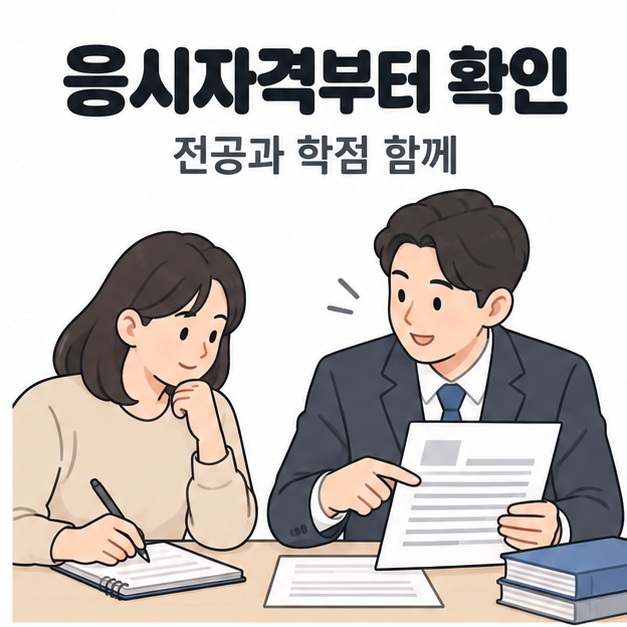 응시자격부터 확인 제목 아래 학습자가 상담 담당자와 서류를 살펴보며 전공과 학점 조건을 확인하는 모습
