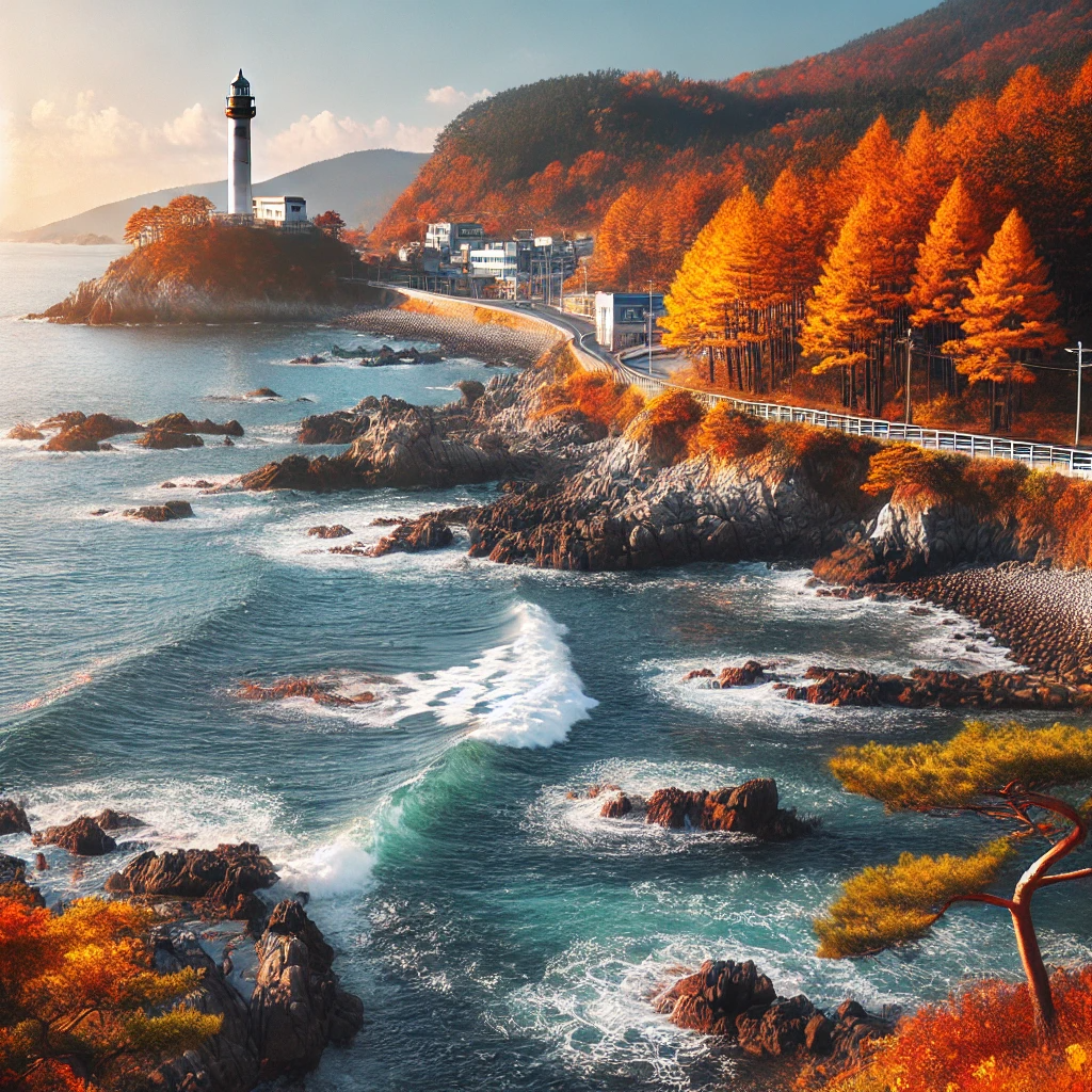 간절곶의 가을 해안 풍경. 밝은 단풍으로 물든 나무들과 바위 해안을 부드럽게 때리는 파도&amp;#44; 그리고 멀리 보이는 등대가 맑은 하늘 아래 펼쳐져 있음.