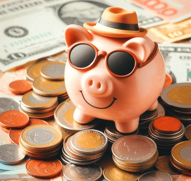 분홍 돼지 저금통이 있고 검정 선글라스를 착용했다. 주변엔 지폐들과 동전들이 깔렸다.