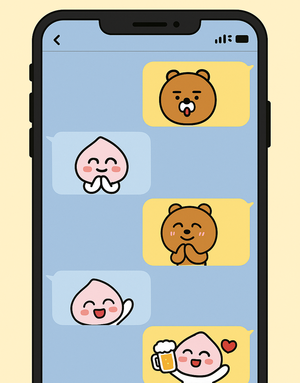 스마트폰 메신저에서 곰 캐릭터가 이모티콘을 사용해 대화하는 장면을 담은 2D 디지털 일러스트 이미지