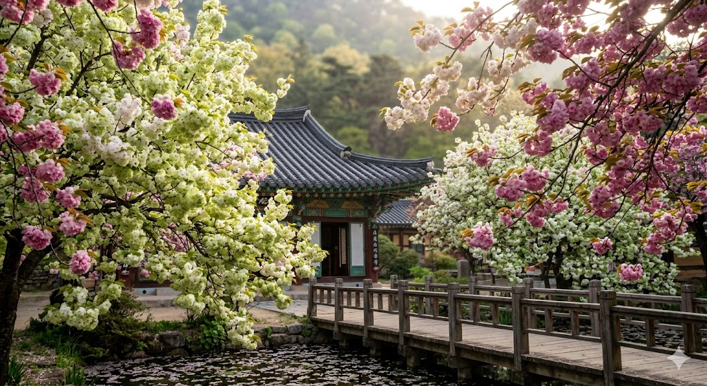 ▲ 이미지 3: 개심사의 보물, 청벚꽃과 겹벚꽃이 어우러진 신비로운 풍경 (AI 생성)
