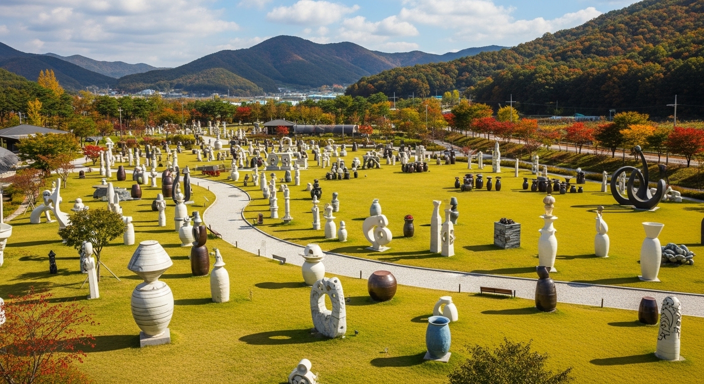 넓은 잔디밭과 다양한 도자 조형물이 조화롭게 어우러진 곤지암도자공원의 전경. 푸른 자연 속에서 예술 작품을 감상하며 산책하기 좋은 경기도 광주의 명소.