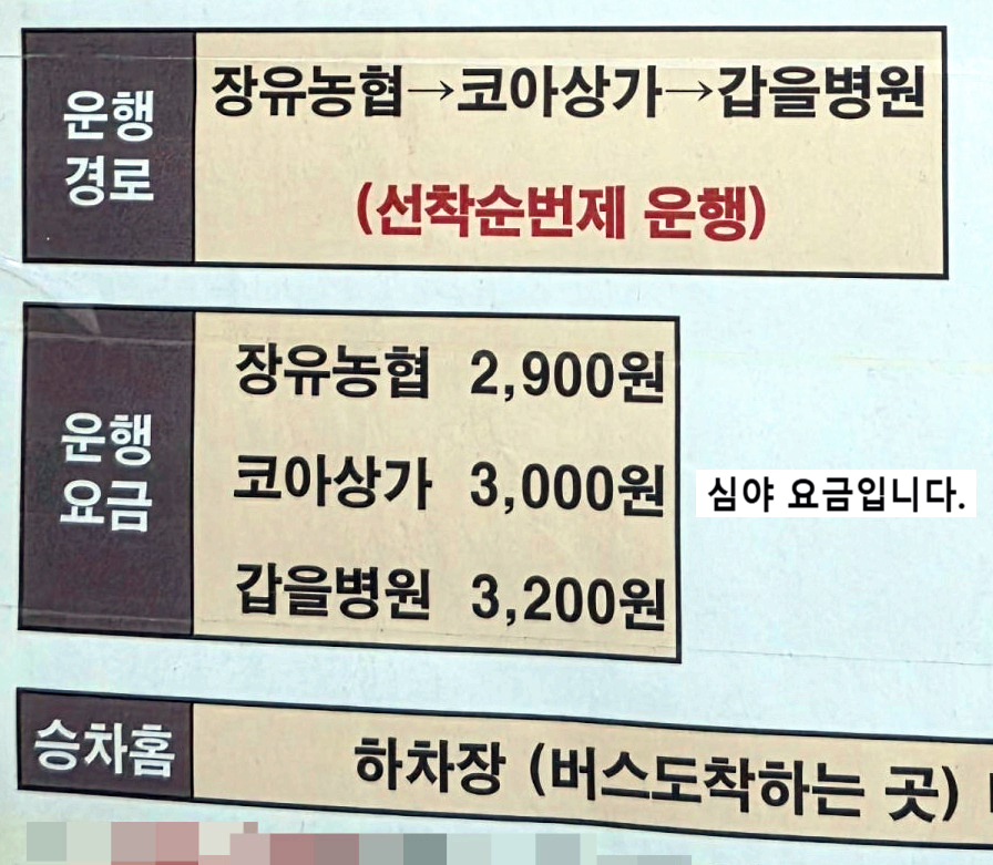 사상-장유 구간 요금표 (심야)