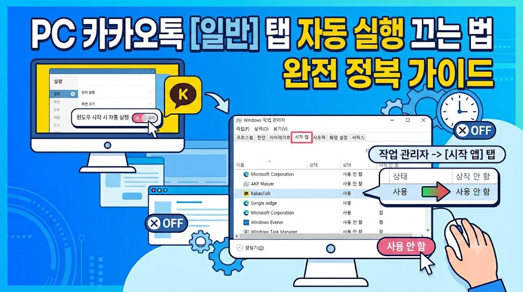 윈도우 작업 관리자 시작 앱 목록에서 카카오톡을 마우스 우클릭하여 사용 안 함으로 설정하는 화면