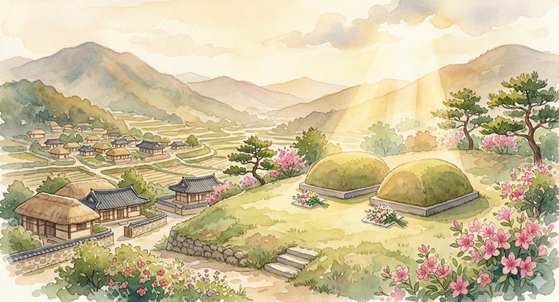강원도 횡성의 평화로운 산골 마을 풍경과 두 개의 나란한 무덤 위로 비치는 따뜻한 햇살