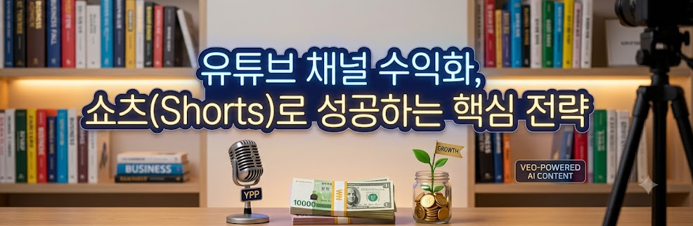 유튜브 쇼츠 수익화 전략을 주제로 책, 마이크, 저금통, 화분, 원화 지폐가 배치된 책상 이미지
