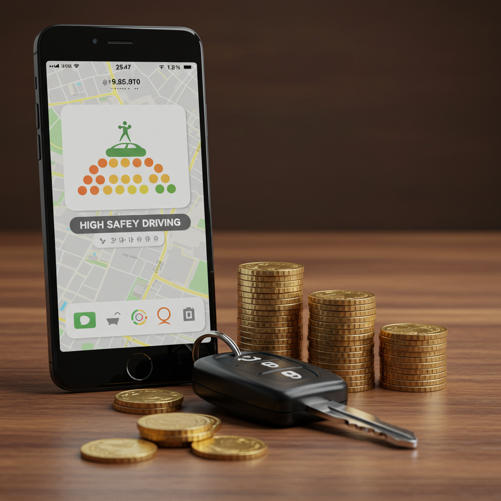 스마트폰 내비게이션 앱 안전 운전 점수와 자동차 열쇠, 동전 이미지