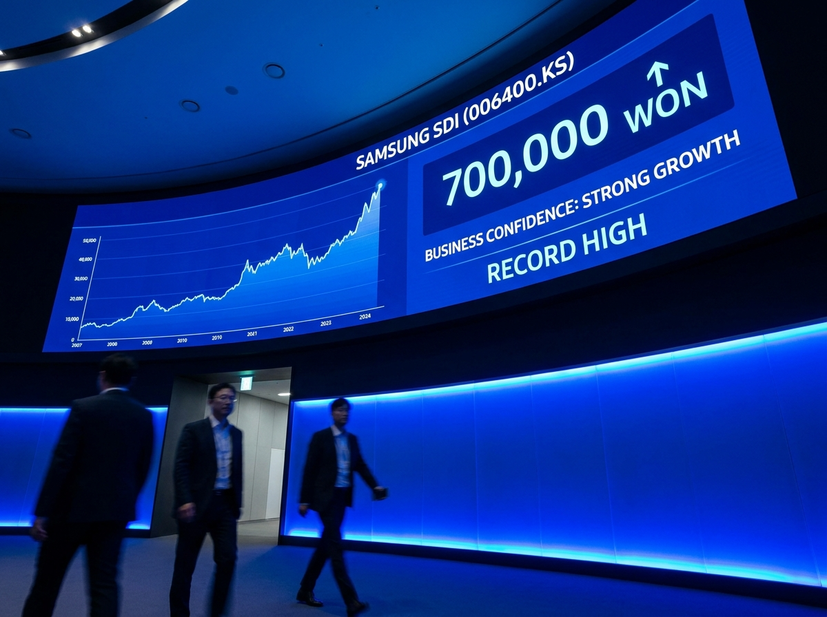 현대적인 증권 거래소 전광판에 삼성SDI 주가가 700,000원을 기록하며 상승하는 그래프