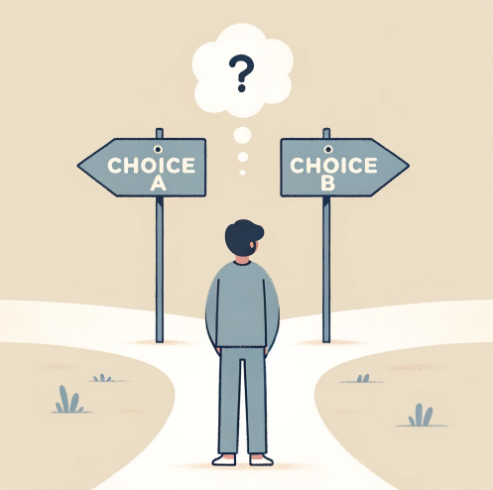 두 길의 갈림길에 서서 선택을 고민하고 있는 사람의 모습
