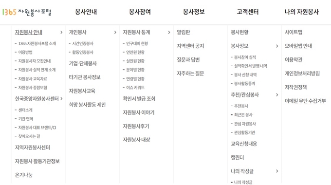 1365자원봉사 홈페이지 메뉴