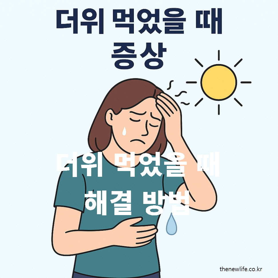 A woman experiencing heat-related illness symptoms, holding her head and stomach under the sun, with the Korean title “더위 먹었을 때 증상 / 해결 방법” displayed in bold text.-햇볕 아래 더위 먹었을 때 증상으로 머리와 배를 짚고 있는 여성, 화면 중앙에 “더위 먹었을 때 증상 / 해결 방법”이라는 문구가 크게 표시된 이미지