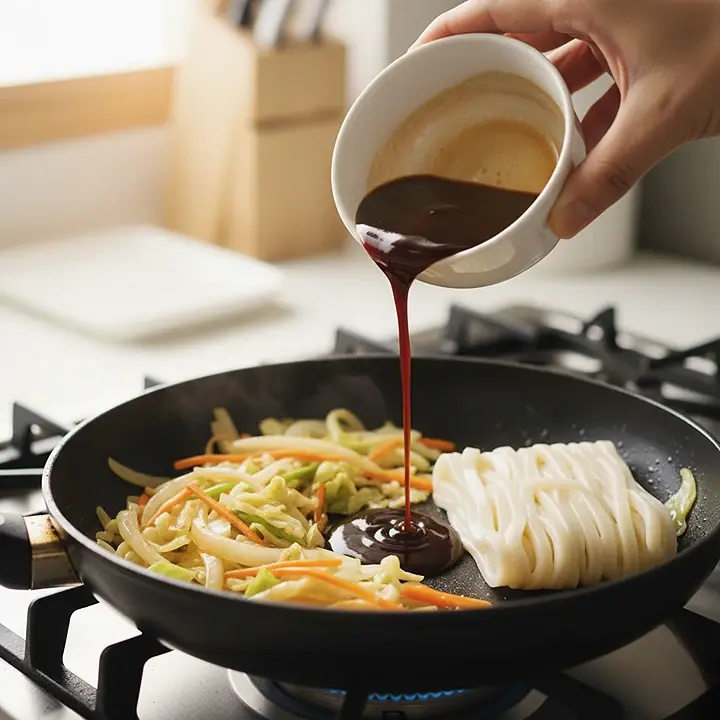 간장&middot;굴소스 베이스 소스를 붓고 우동면을 넣기 직전의 볶음우동 조리 과정