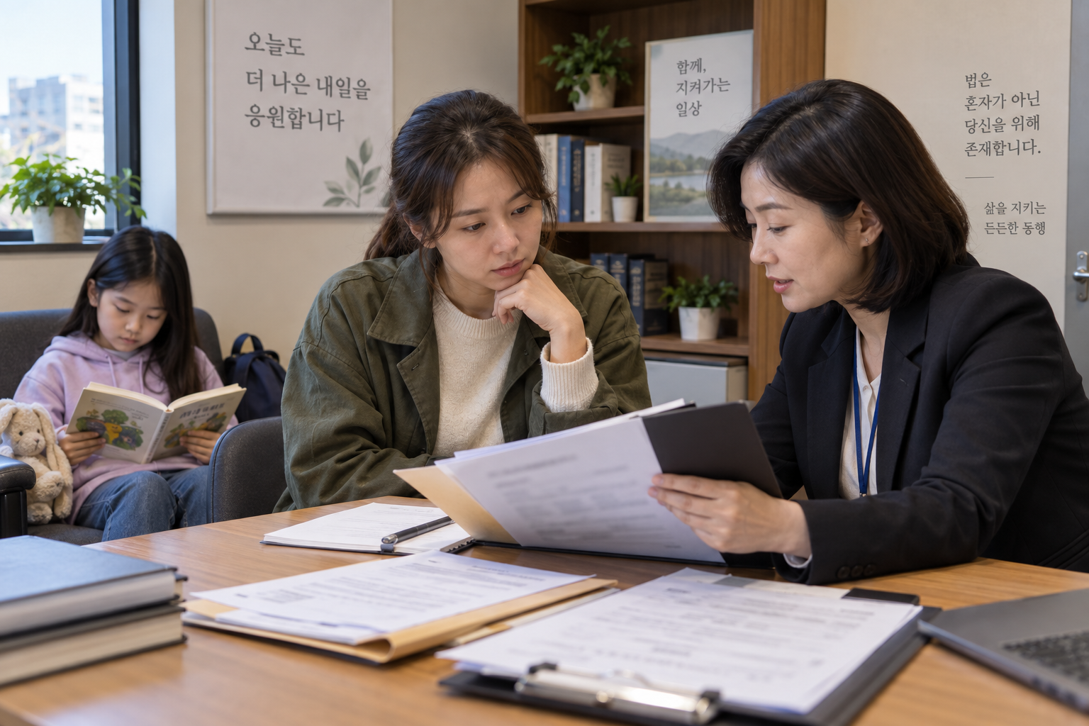 양육비 미지급 내역과 법률 서류를 정리하는 한부모의 실제 상담 준비 장면
