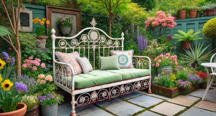 @버려진 철제 침대를 활용한 정원 벤치 이미지