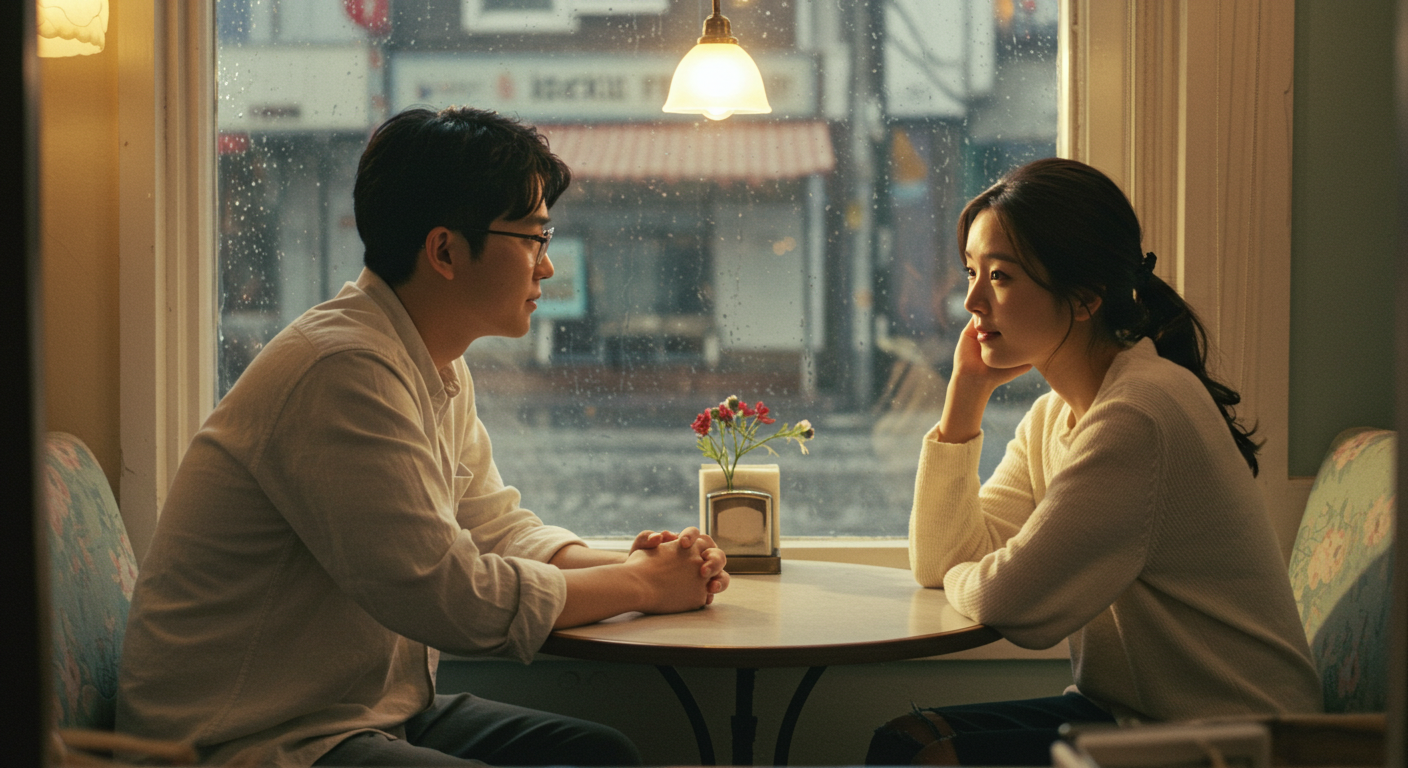 카페에 앉아 대화하는 커플