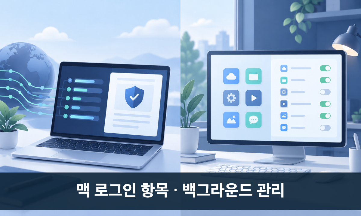 모니터의 앱 아이콘과 시작 스위치로 맥 로그인 항목과 백그라운드 설정을 표현한 일러스트