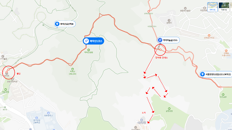 북악산 1코스 등산코스 지도