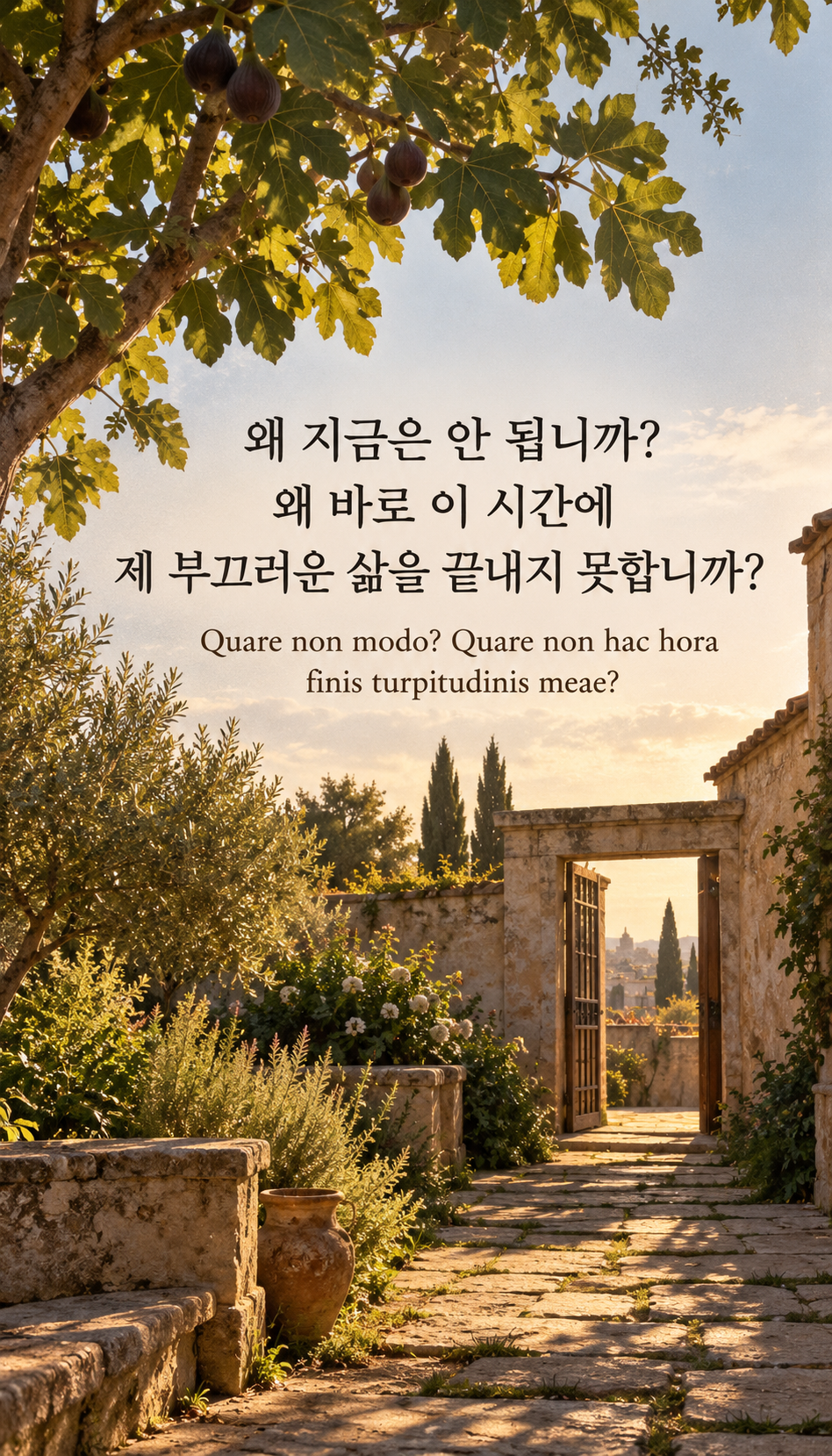왜 지금은 안 됩니까? 왜 바로 이 시간에 제 부끄러운 삶을 끝내지 못합니까? — 밀라노의 로마 후기 정원과 무화과나무, 당시 배경의 아날로그 필름 사진풍