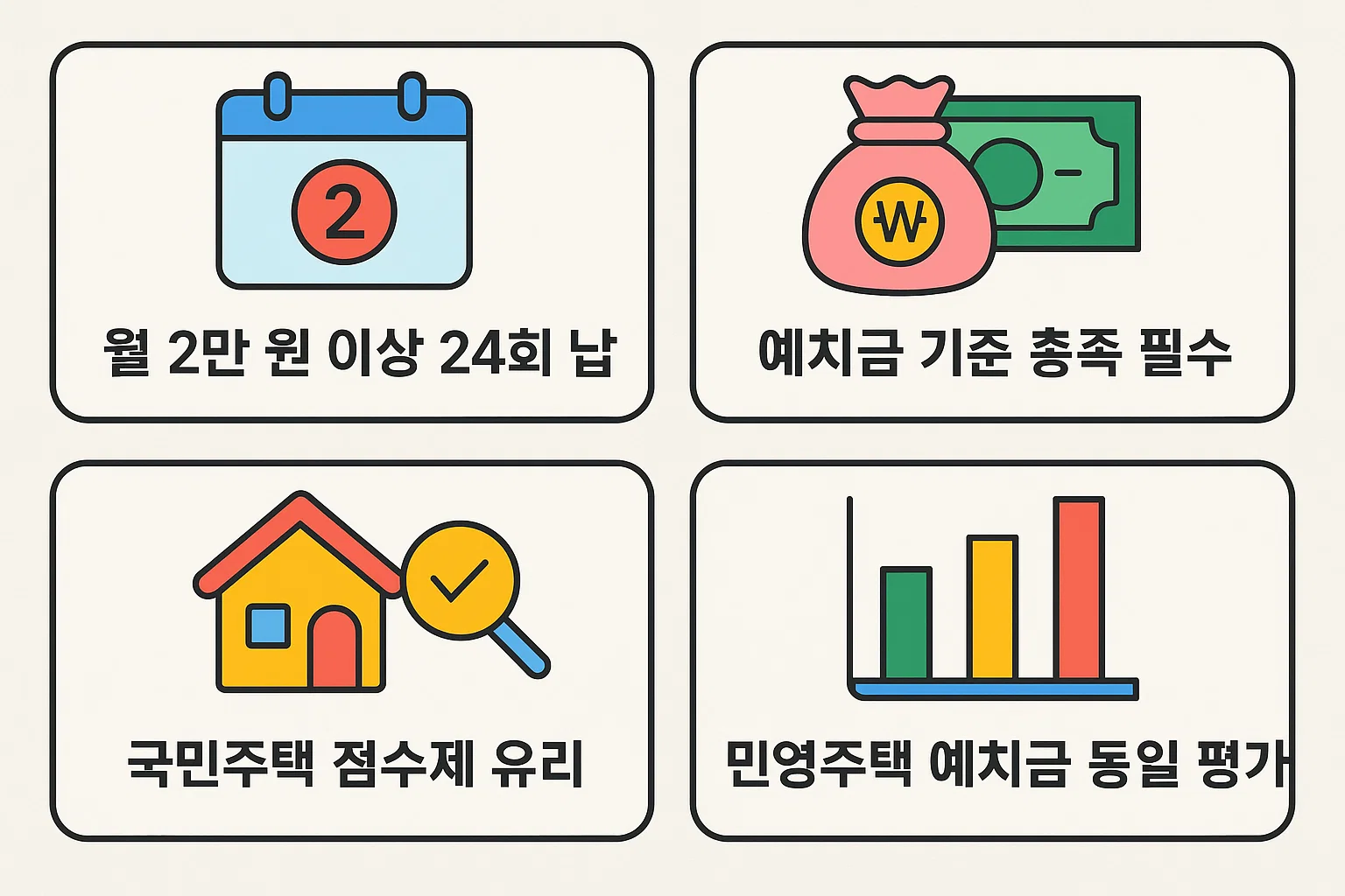 청약통장 1순위 인정 조건으로 필요한 월 납입금액, 예치금 충족 기준, 점수제 평가 기준을 요약한 시각 자료