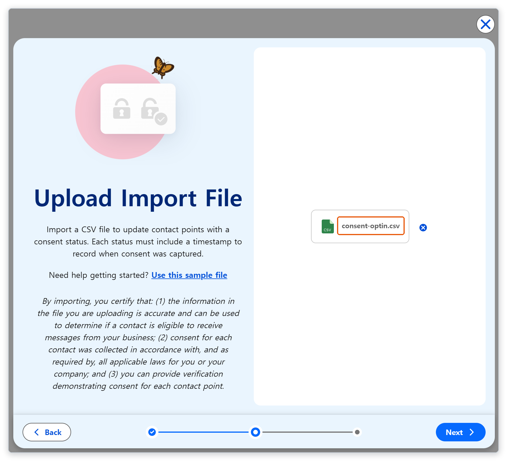 Upload Import File 창에 CSV 파일이 올라가 파일 이름이 강조되어 있다