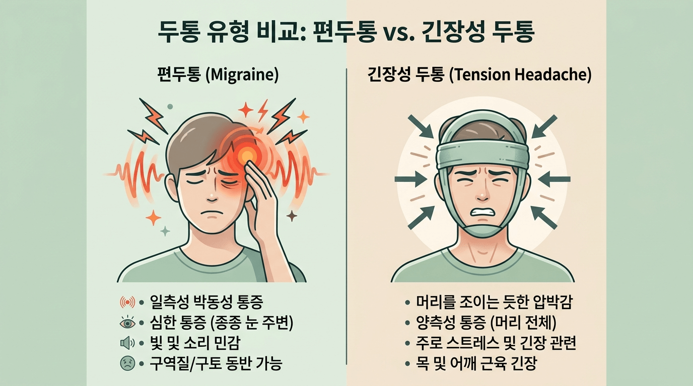 편두통 긴장성 두통 비교 일러스트