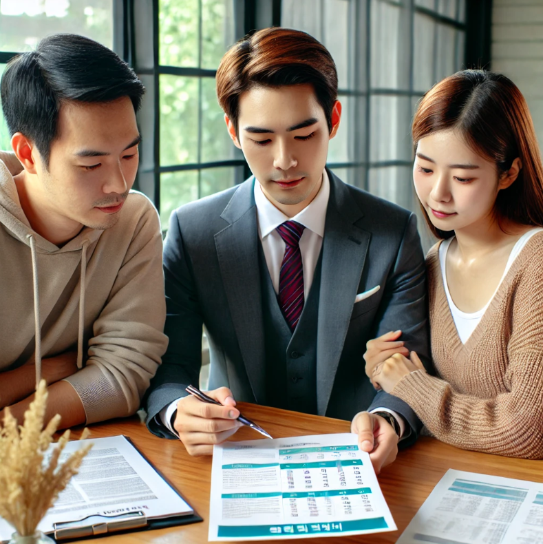 보험 상담사가 부부에게 사회보험 혜택을 설명하며 문서를 검토하는 모습