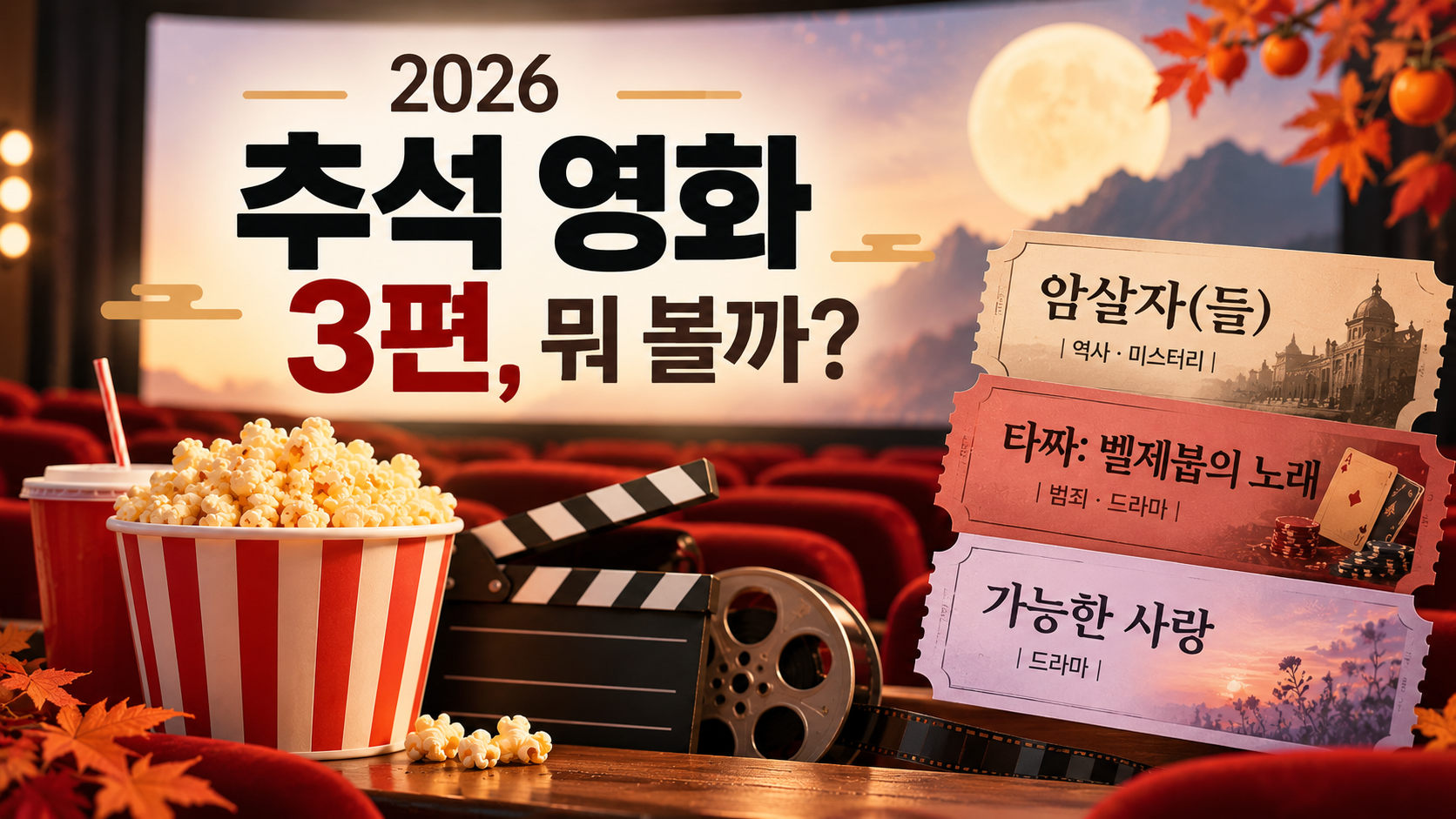 2026 추석 개봉 국내 영화 3편을 소개하는 영화관 콘셉트의 대표 이미지