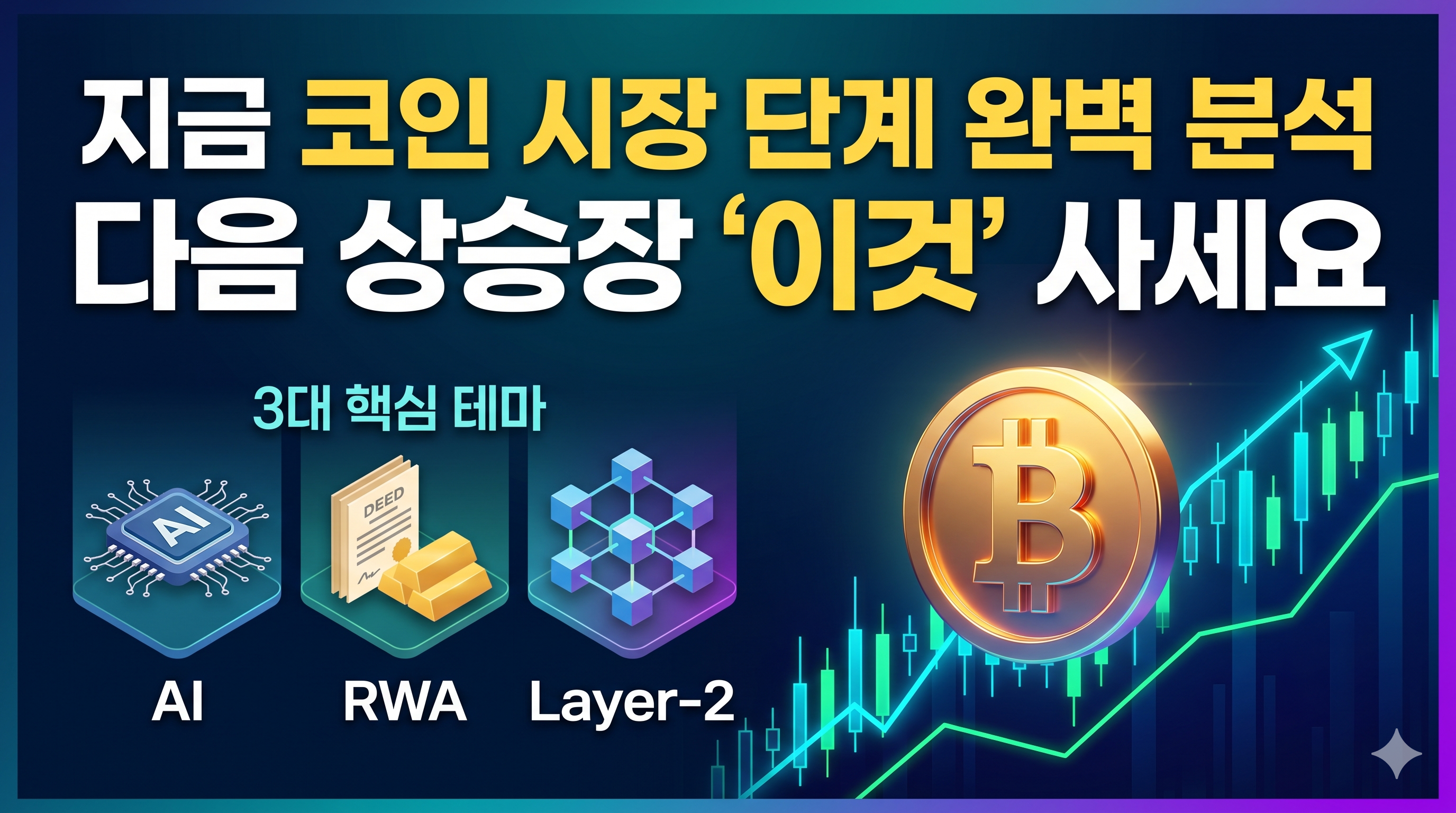 비트코인 상승장 분석과 테마주 투자 전략을 주제로 한 전문 금융 썸네일 이미지. 우상향하는 캔들스틱 차트와 빛나는 골든 비트코인 심볼이 배치되어 있으며, 그 옆으로 AI(인공지능 칩), RWA(실물자산 토큰화, 금괴와 문서), Layer-2(계층형 체인 구조)를 상징하는 미래지향적인 아이콘들이 각각 보라색, 초록색, 주황색으로 명확히 시각화되어 있다. 상단과 중앙에는 흰색과 노란색 혼합 텍스트로 '지금 코인 시장 단계 완벽 분석'과 '다음 상승장 '이것' 사세요'라는 명확한 한글 문구가 쓰여 있다. 전체적으로 깊은 남색과 보라색 그라데이션의 다크 모드 배경으로 세련되고 신뢰감 있는 분위기를 연출한다.